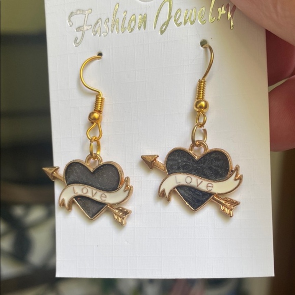Gold and Black Heart Earrings